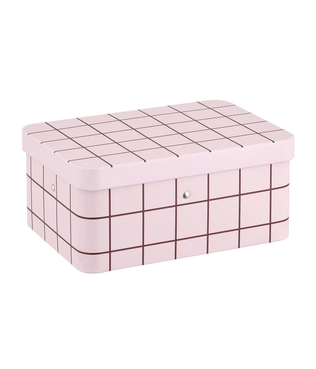 Checks & Stripes tea tin jar pink with brown grid 17,5 x 13 cm