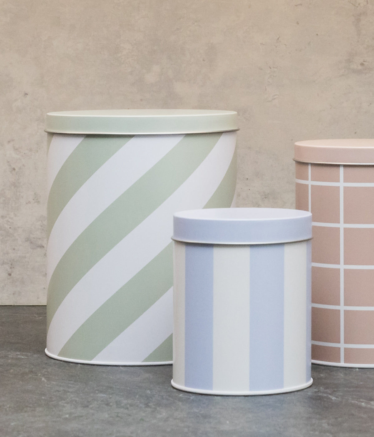 Checks & Stripes tin jars set of 3 pcs blue, beige, green